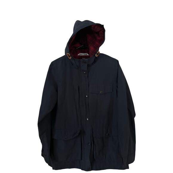 Woolrich Women's Navy Blue Lined Fall Raincoat Plaid Flannel Lining Small Petite - Picture 1 of 13